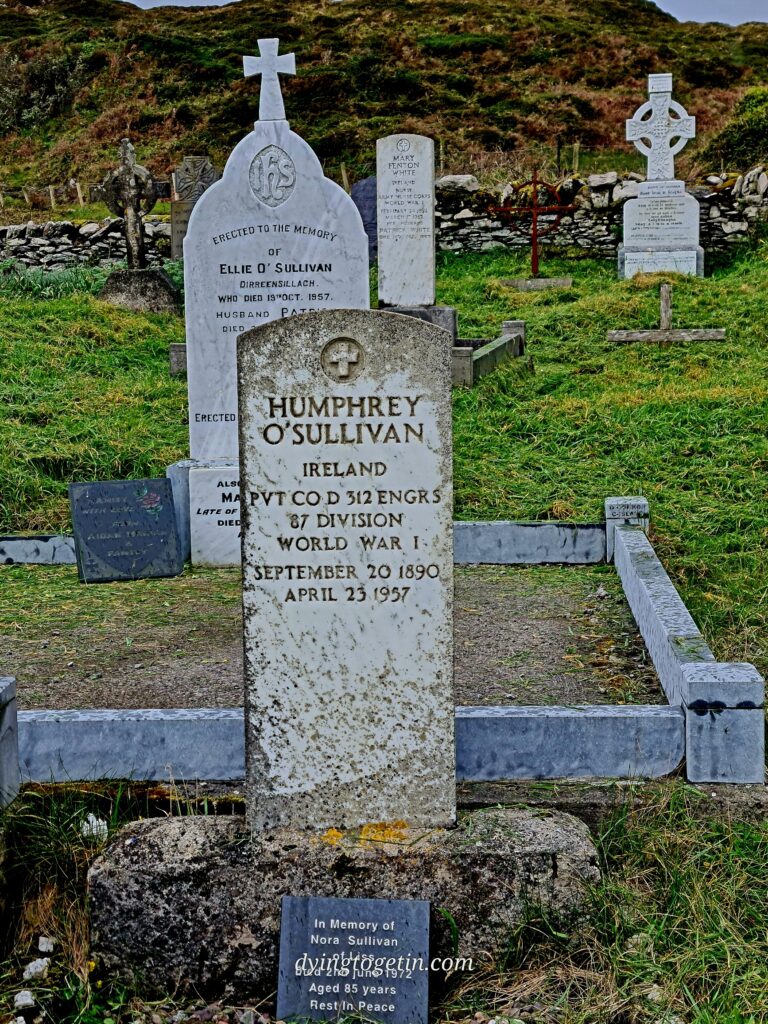 Four headstones - one in front reads Humphrey O'Sullivan, Ireland, PVT CO D 312 ENGRS 87 Division World War I September 20 1890 April 23 1957. At the base is another black plaque with gold lettering: In memory of Nora Sullivan of Liss died 2nd June 1972 aged 85 years. Rest in peace. Behind we can make out the following on a white granite marker: Erected to the memory of Ellie O'Sullivan, Dirreensillach who died 19th Oct 1957. Husband Patrick died..... Behind it again is a narrow white stone with the words: MARY FENTON WHITE Ireland Nurse Army Nurse Corps World War 1. February 14, 1892, March 17, 1962. Her husband Patrick White, died 19th October 1997 At the far back is an ornate celtic cross but inscription isn't legible
