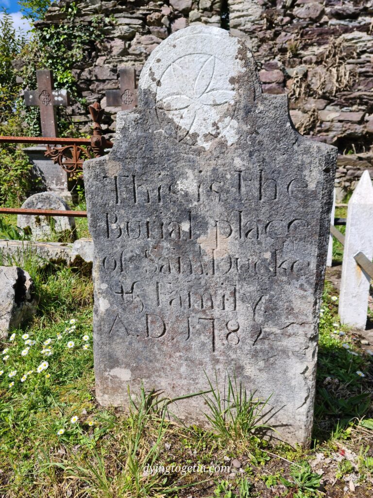 Old tombstone dating to 1782 with the inscription - this is the burial place of Sam Duckett's family. 