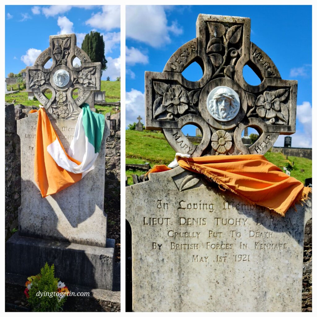 A collage of two photos the same celtic cross headstone draped in a tricolor (Irish flag - green, white, and orange. In the second the flag has been moved to show the inscription - In loving memory of Lieut. Denis Tuohy cruelly put to deat by British Forces in Kenmare May 1st 1921