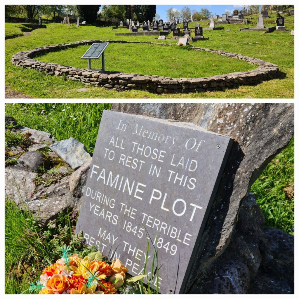 A collage of two photos one showing a circular stone wall with a plaque encasing a very large plot in a cemetery. The second showing the plaque which reads: In memory of all those laid to rest in this famine plot during the terrible years of 1845 to 1849. May they rest in peace. 