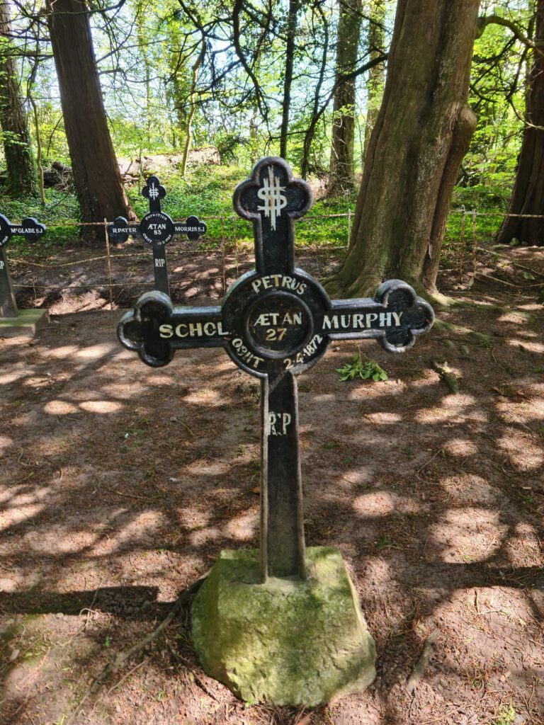 A black metal cross with words in white reading Schol Petrus Murphy AET AN 27 OBIT 2.4.1872. RIP. Other crosses visible in the background. 