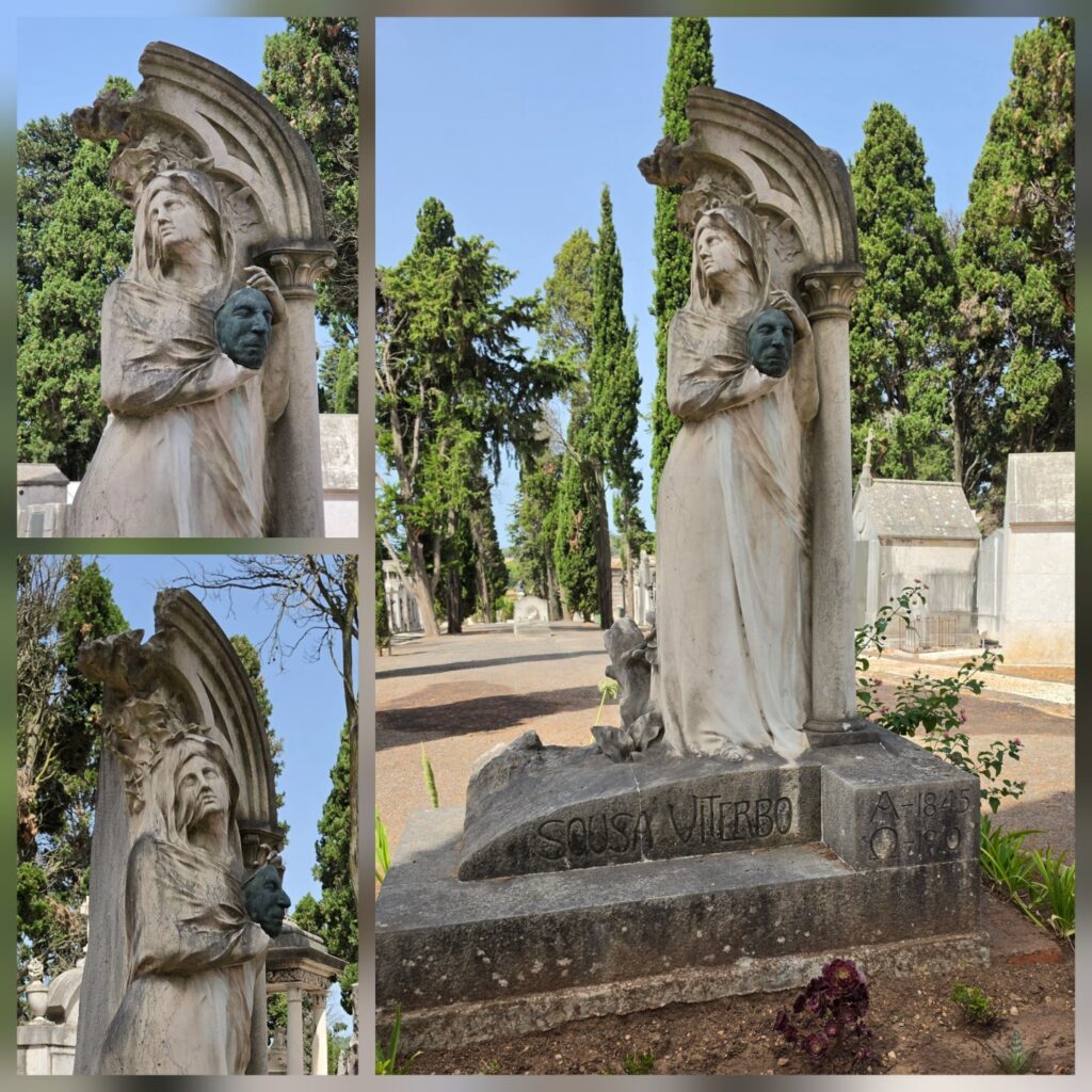 Three photos of a grieving woman holding a metal mask