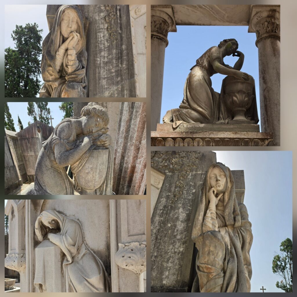 Collage of five photos showing statues of women in various poses - all look sad and solemn