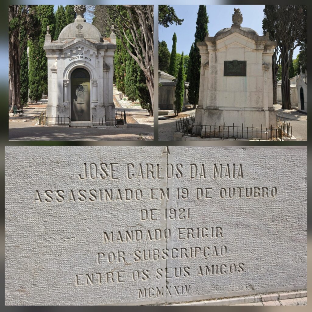 A collage of three photos showing a mausoleum to Jose Carlo da Maia. It stands at the intersection of four avenues in a cemetery. The inscription reads: Jose Carlos da Maia assassinado em 19 de Outubro de 1921. Mandado Erigir por subscripicao entre os seus amigos MCMX XIV