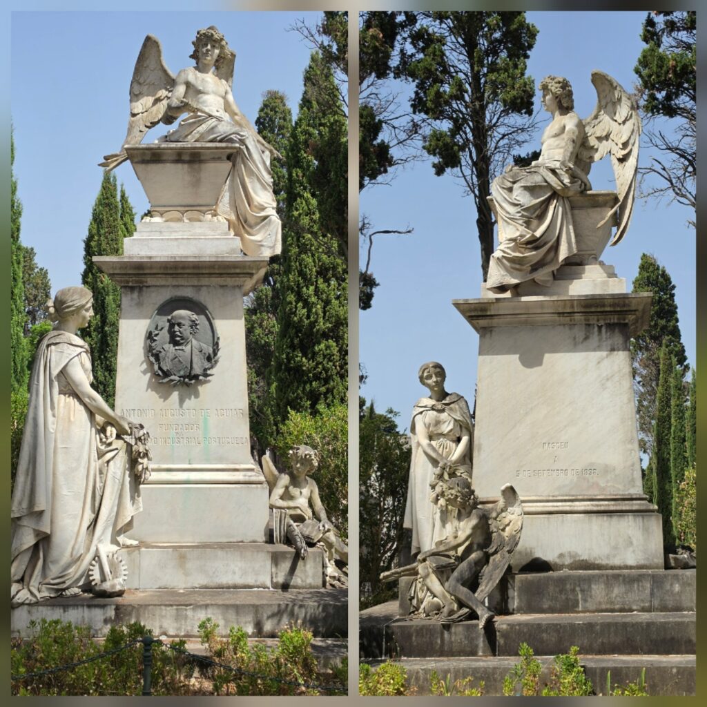 Two photos of a large pillar with an angel on top and two young people at the base - a boy and a girl.