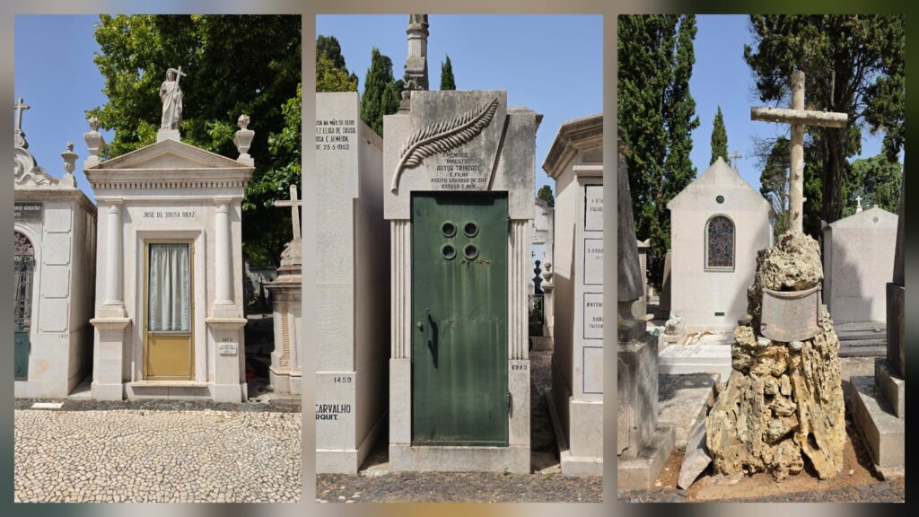 A collage of three photos showing mausoleums - one with a glass door and a yellow base with a curtain, a second a green metal door with four circular portholes, and a third with a cross on a pile of weathered stone and in the background the back side of another mausoleum featuring a stained-glass window