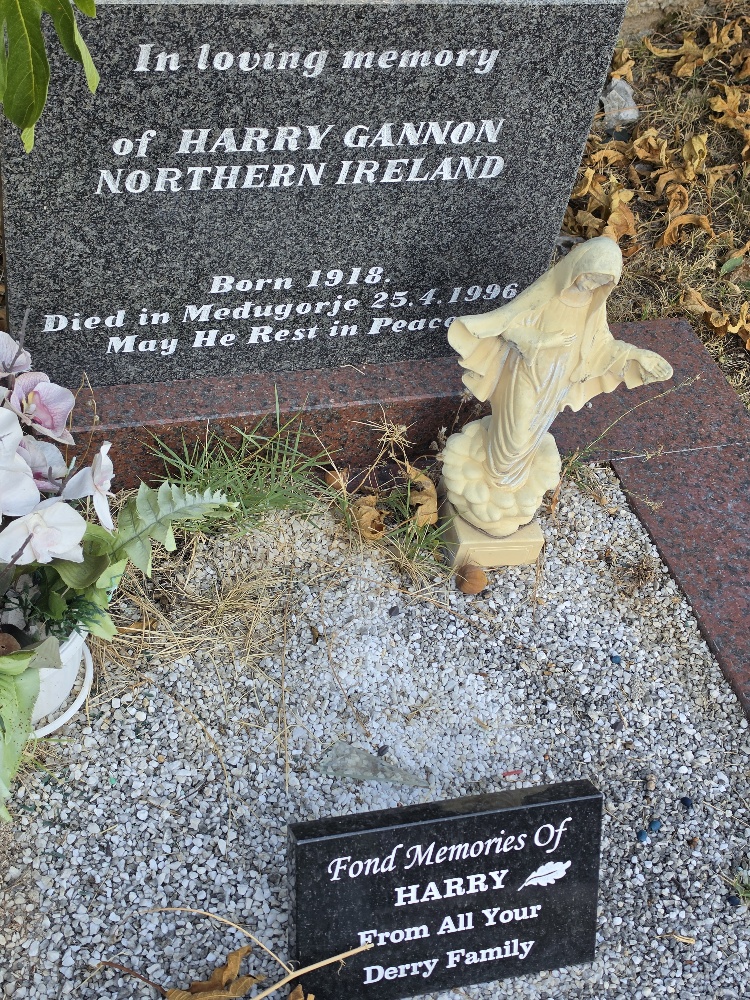 Close-up of a granite memorial reading “In loving memory of Harry Gannon,” with a statue of the Virgin Mary, flowers, and a smaller family memorial plaque.